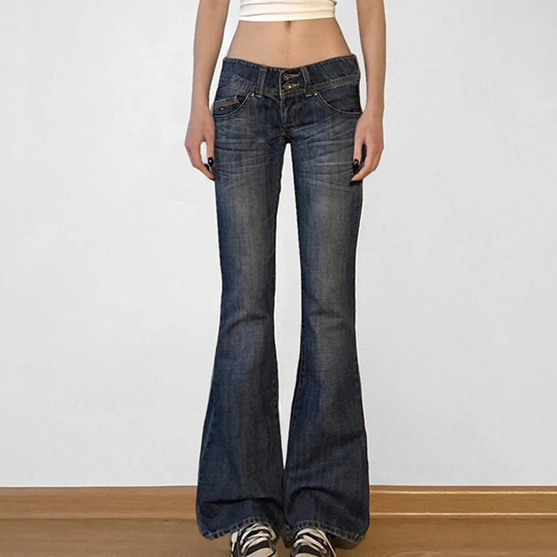 Vintage Y2K Retro Button Up Low Rise Denim Flared Jeans — vista posteriore
