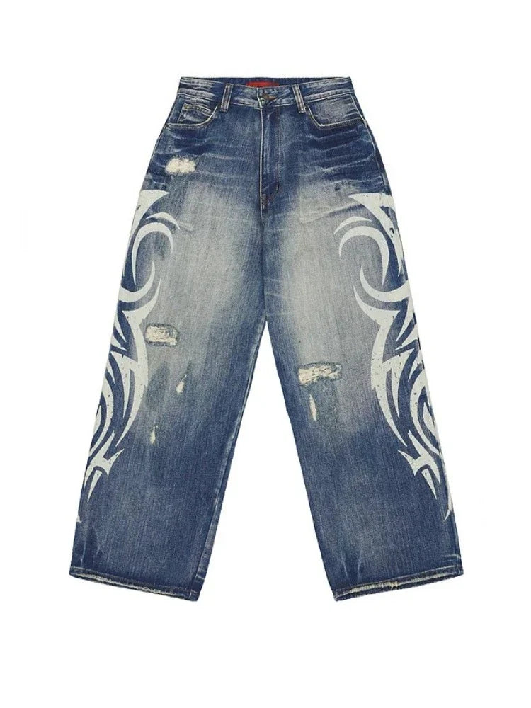 Vintage Y2K Ripped Tribal Graphic Baggy Jeans — in alternativa