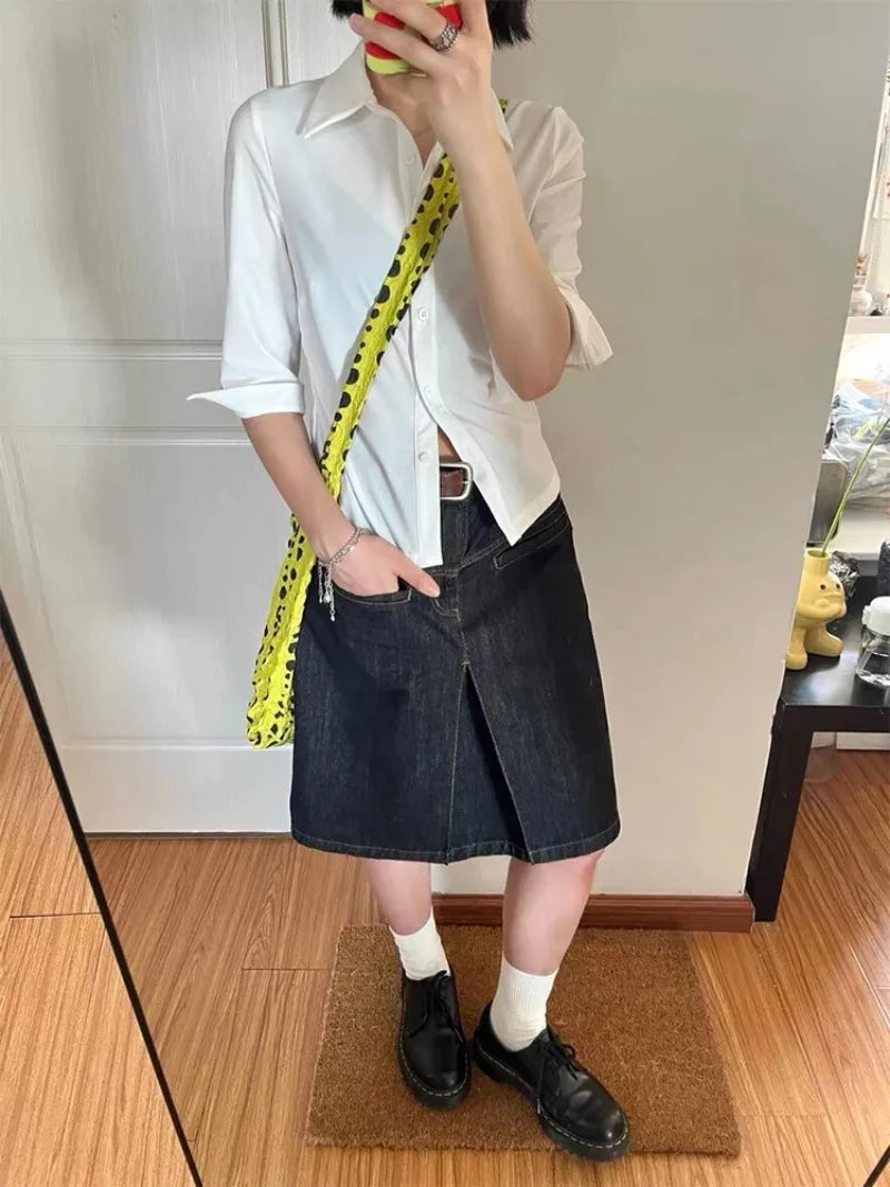 Vintage Y2K Slim Fit Denim Midi Skirt — vista posteriore