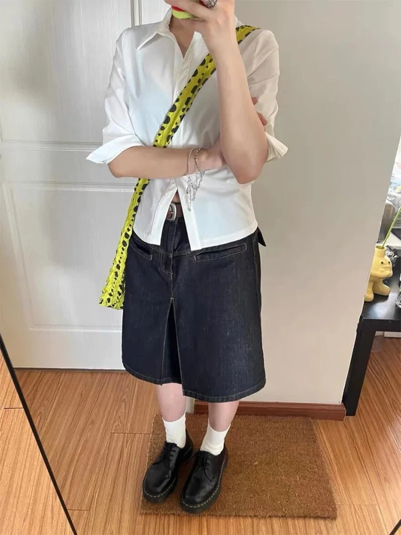 Vintage Y2K Slim Fit Denim Midi Skirt — dettaglio