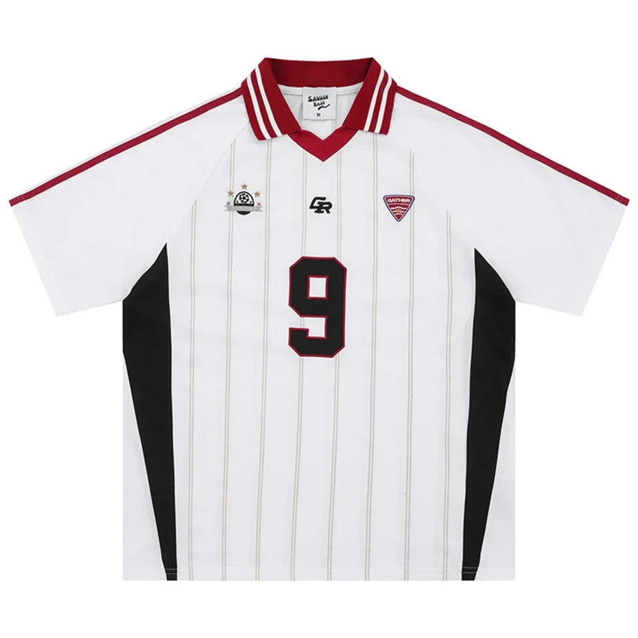 Vintage Y2K Striped Polo Soccer Jersey — vista frontale