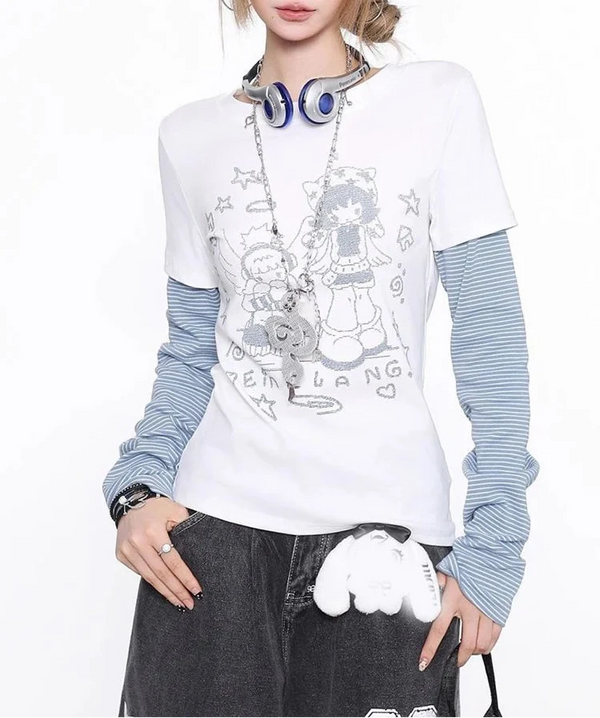 Vintage Y2K Striped Sleeve Long Sleeve Top — vista frontale
