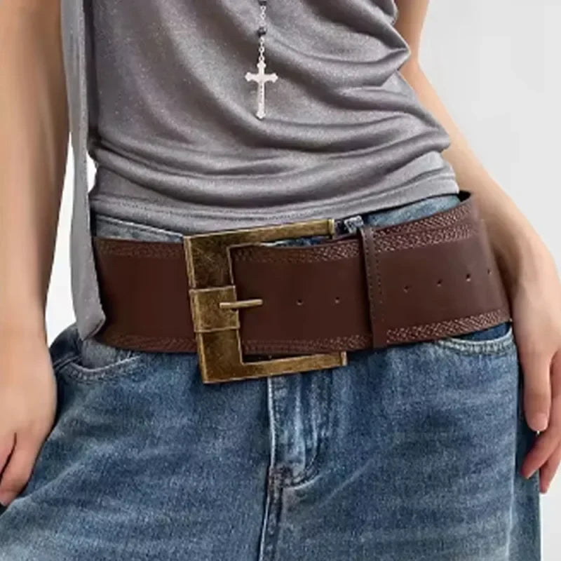 Vintage Y2K Ultra Wide Square Buckle Faux Leather Belt — dettaglio