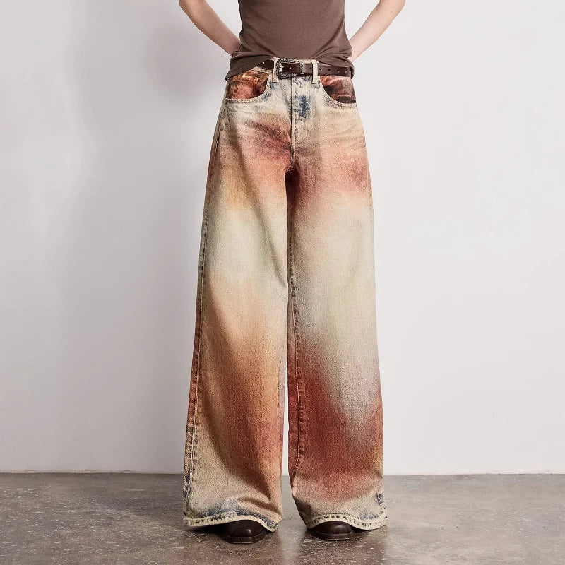 Wasteland Style Y2K Mid Waist Baggy Printed Jeans — vista frontale