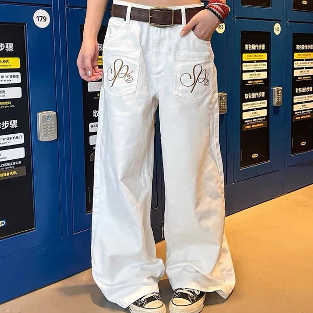 White Y2K Embroidered Baggy Jeans — dettaglio