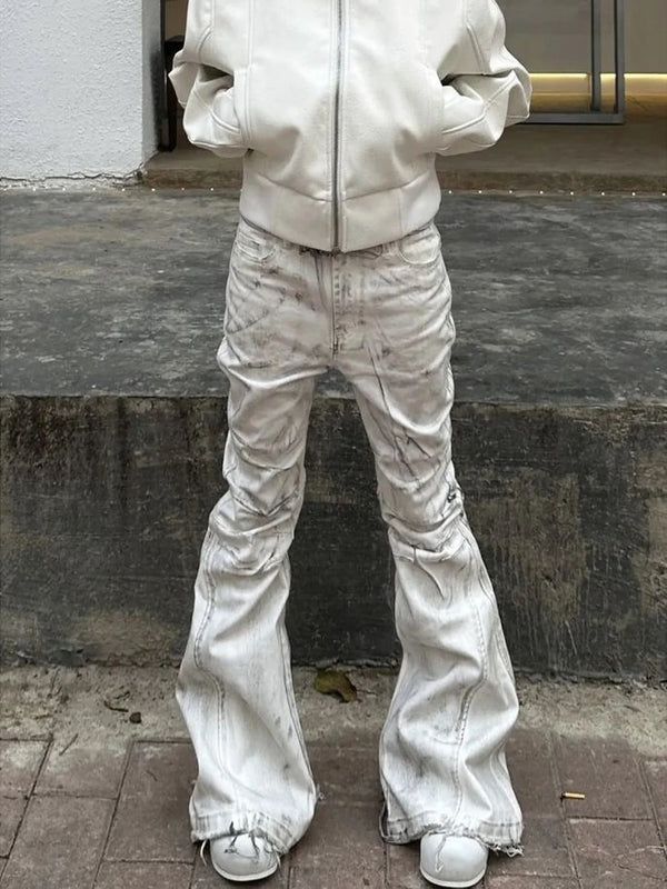 White Y2K Street Style Tie Dye Flared Jeans — vista frontale