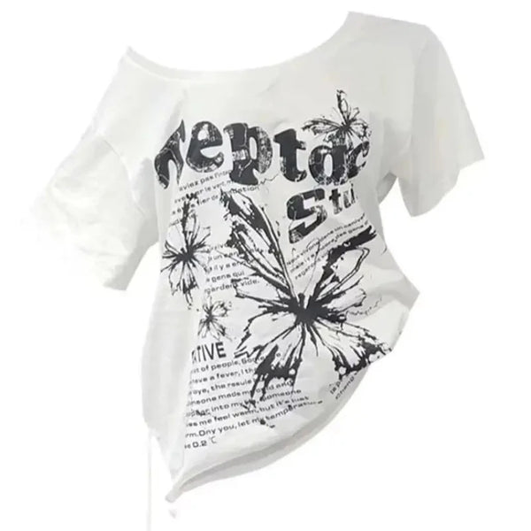 White Y2K Vintage Oversize Butterly Graphic Off Shoulder Top — vista frontale