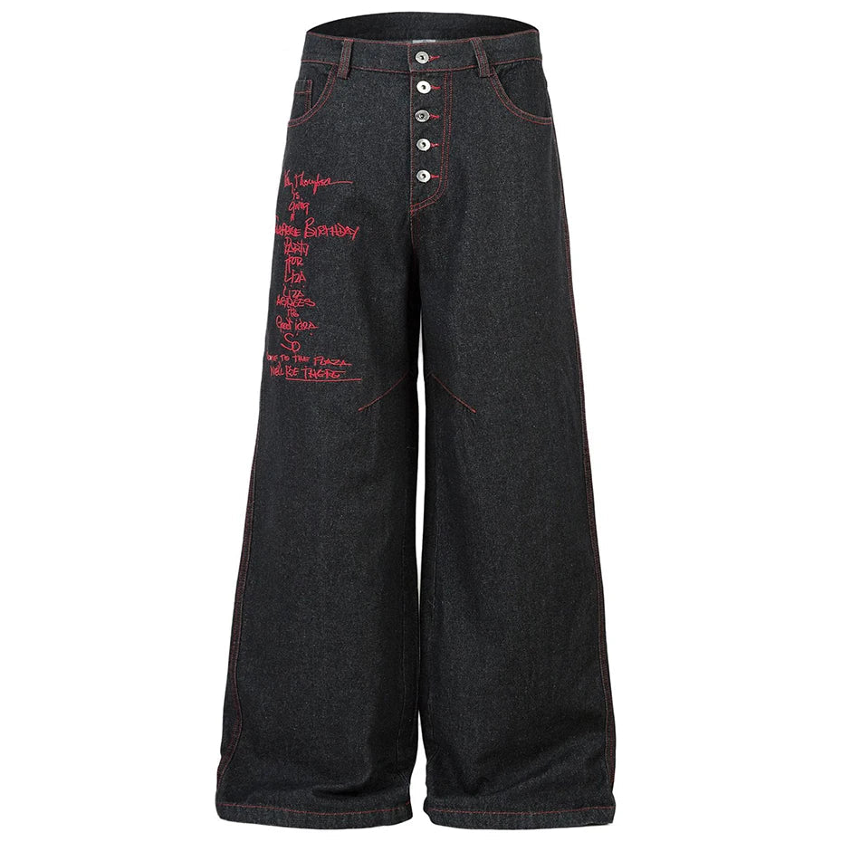 Wide Leg Black Embroidered Jeans — vista frontale