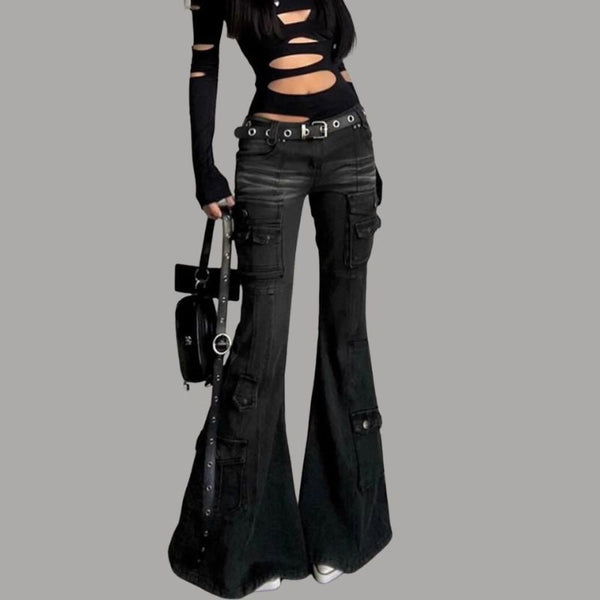 Womens Gothic Y2K Low Waist Cargo Flare Denim Jeans