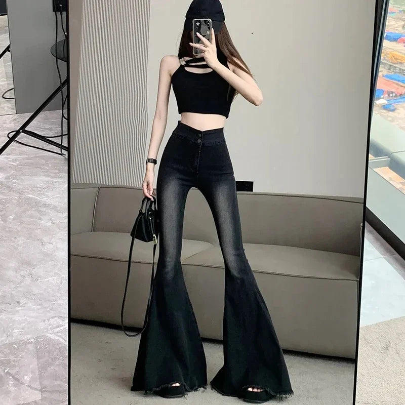 Womens High Waist Y2K Skinny Super Flared Jeans — vista posteriore
