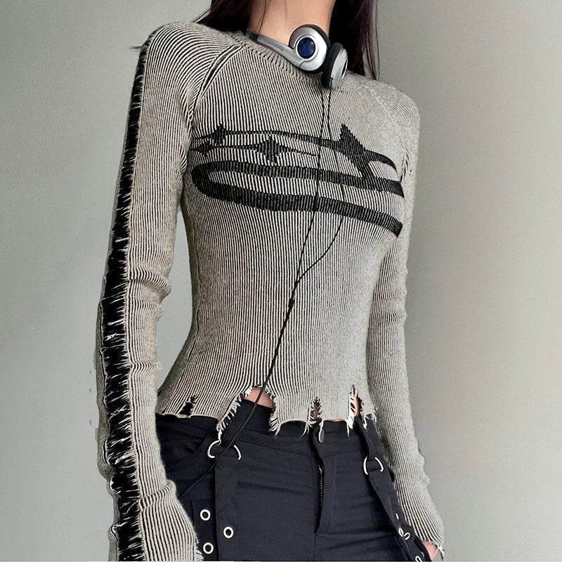 Womens Long Sleeve Ripped Stitched Y2K Top — in alternativa