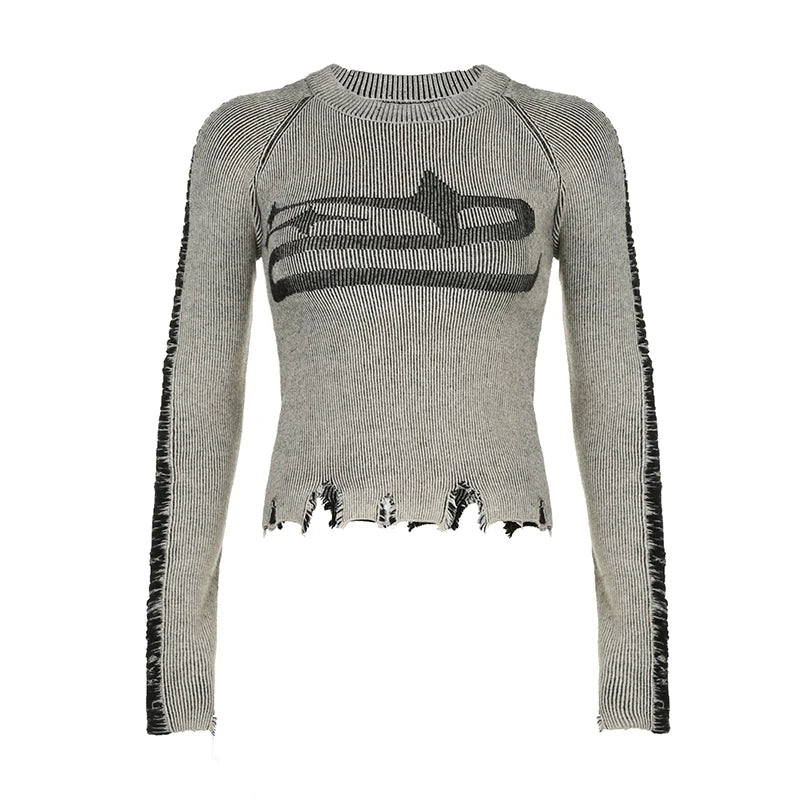 Womens Long Sleeve Ripped Stitched Y2K Top — vista frontale