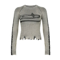 Womens Long Sleeve Ripped Stitched Y2K Top — vista frontale