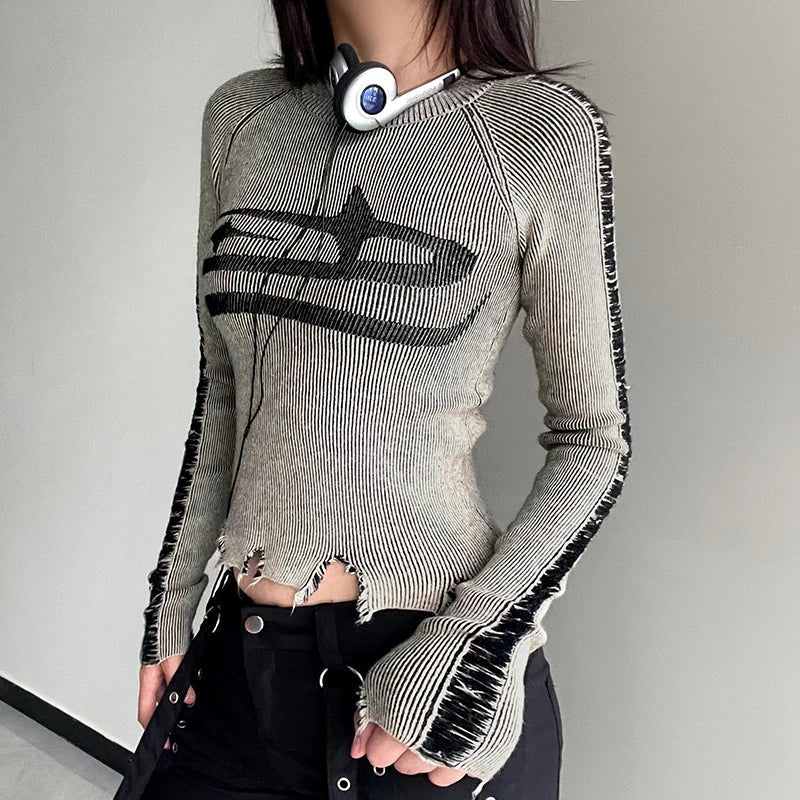 Womens Long Sleeve Ripped Stitched Y2K Top — vista posteriore