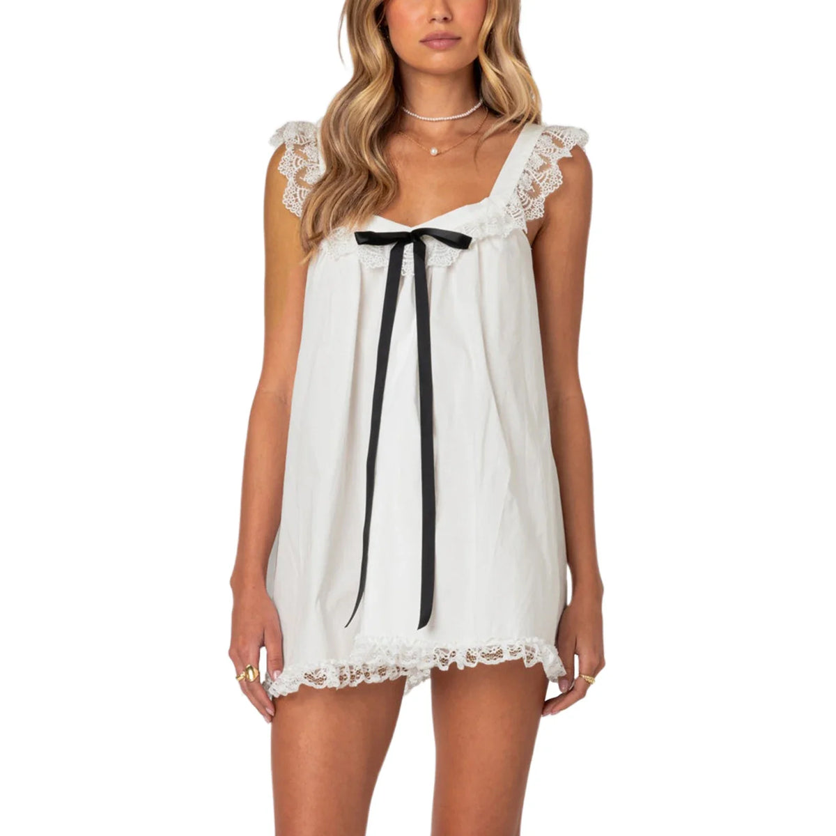 Women's Sleeveless Y2K Lace Trim Mini Dress — vista posteriore