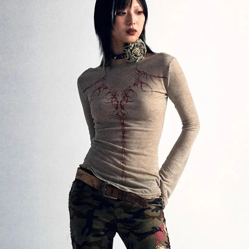 Womens Spinal Print Y2K Bell Long Sleeve Top — vista frontale