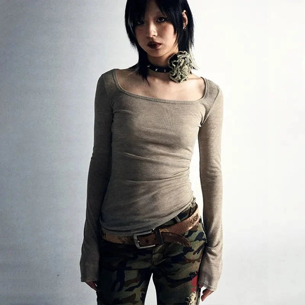 Womens Spinal Print Y2K Bell Long Sleeve Top