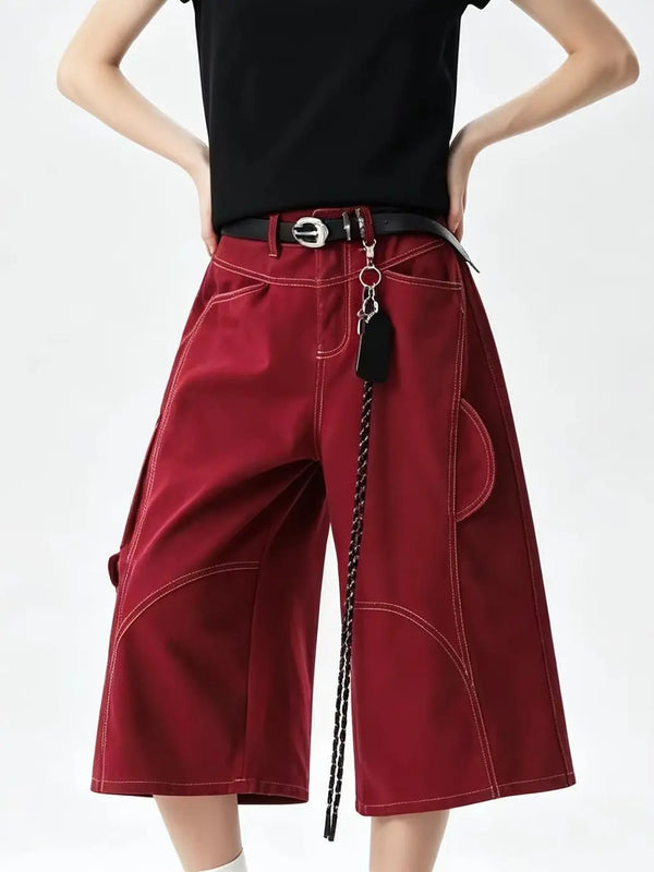 Women's Wine Red Y2K Baggy Wide Leg Denim Shorts Jorts — vista frontale