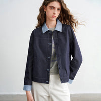 Womens Y2K Contrast Lapel Faux Denim Jacket — dettaglio