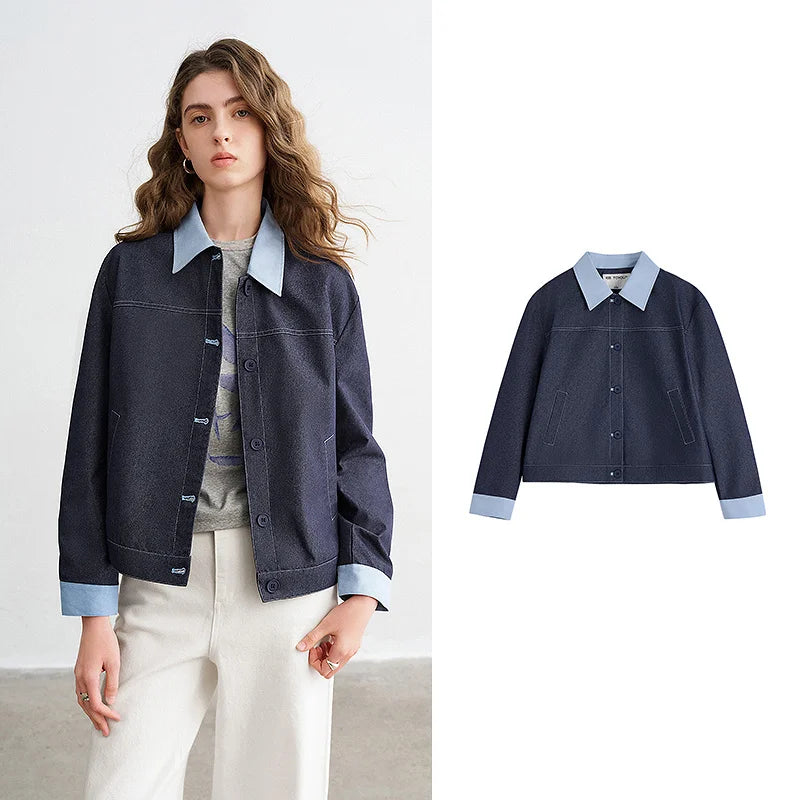 Womens Y2K Contrast Lapel Faux Denim Jacket — vista frontale