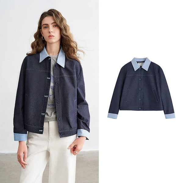 Womens Y2K Contrast Lapel Faux Denim Jacket — vista frontale