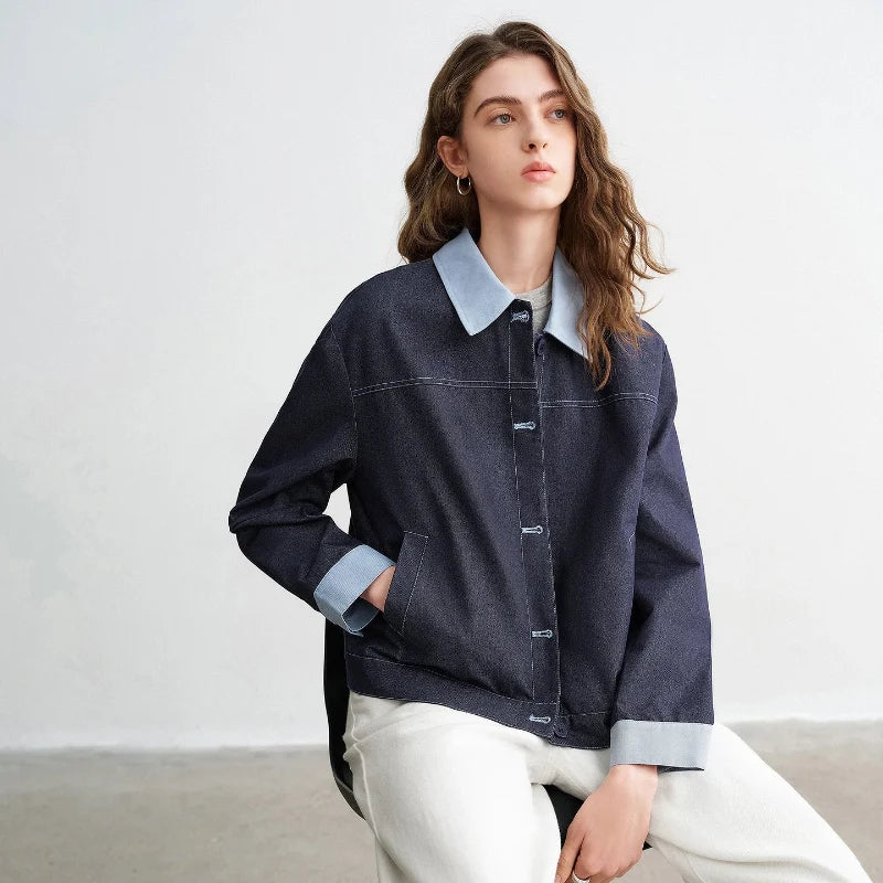 Womens Y2K Contrast Lapel Faux Denim Jacket — vista posteriore