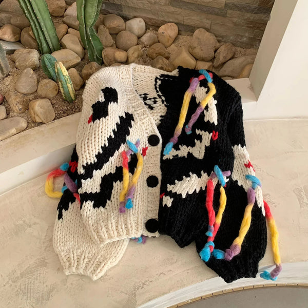 Womens Y2K Digital Glitch Tassel Cardigan Sweater — vista frontale