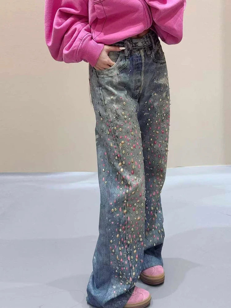 Womens Y2K High Waist Rhinestone Baggy Jeans — vista posteriore