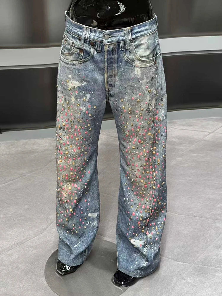 Womens Y2K High Waist Rhinestone Baggy Jeans — dettaglio