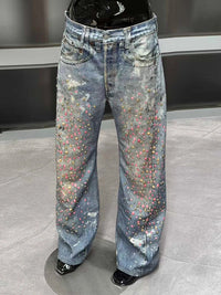 Womens Y2K High Waist Rhinestone Baggy Jeans — dettaglio
