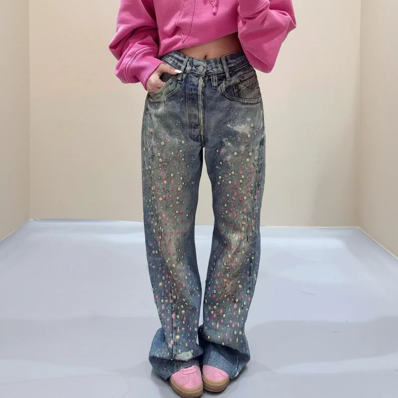 Womens Y2K High Waist Rhinestone Baggy Jeans — vista frontale