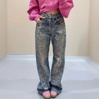 Womens Y2K High Waist Rhinestone Baggy Jeans — vista frontale