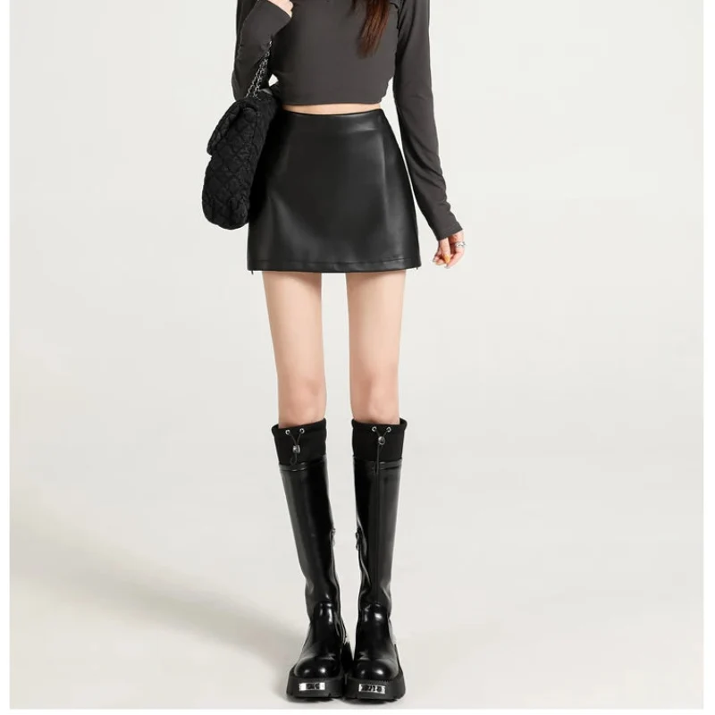 Womens Y2K High Waisted Slit Pu Leather Mini Skirt — vista completa