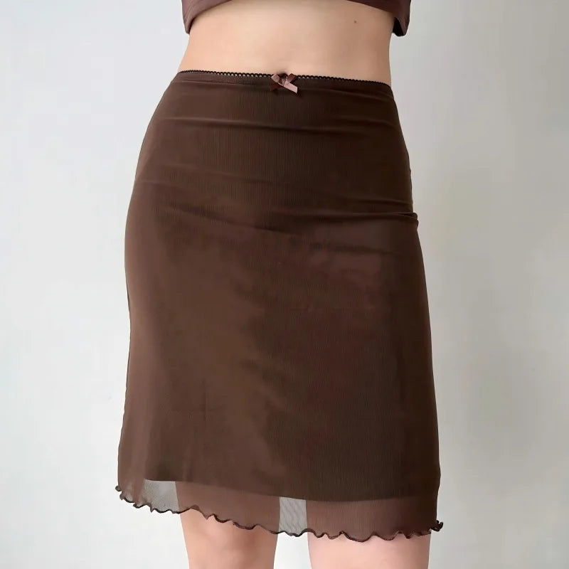 Womens Y2K Lace Mesh Coffee Brown Mini Skirt — dettaglio della stampa