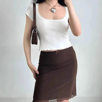Womens Y2K Lace Mesh Coffee Brown Mini Skirt — vista posteriore