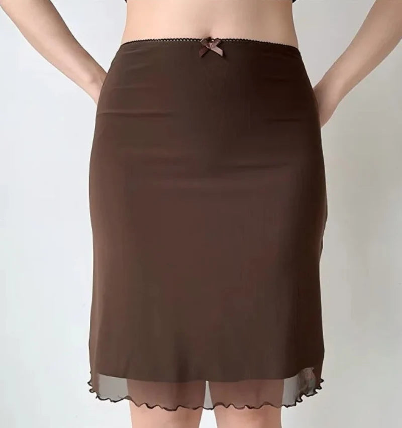 Womens Y2K Lace Mesh Coffee Brown Mini Skirt — in alternativa