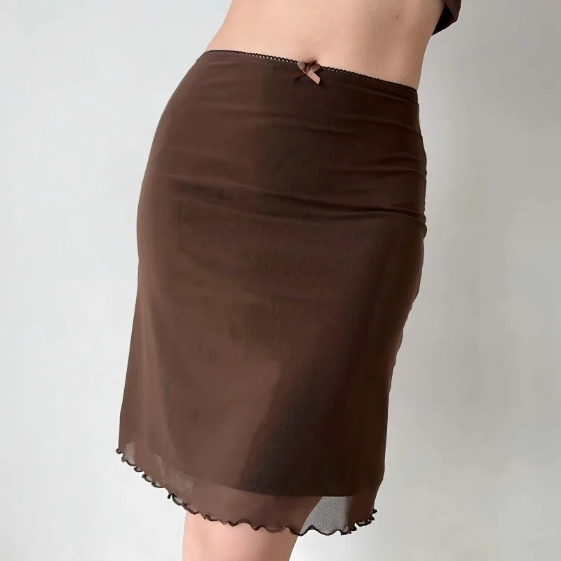 Womens Y2K Lace Mesh Coffee Brown Mini Skirt — dettaglio