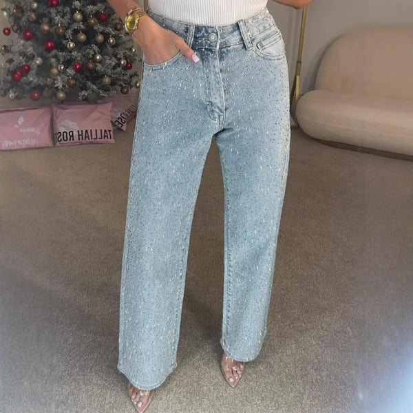Womens Y2K Rhinestone Straight Jeans — vista frontale