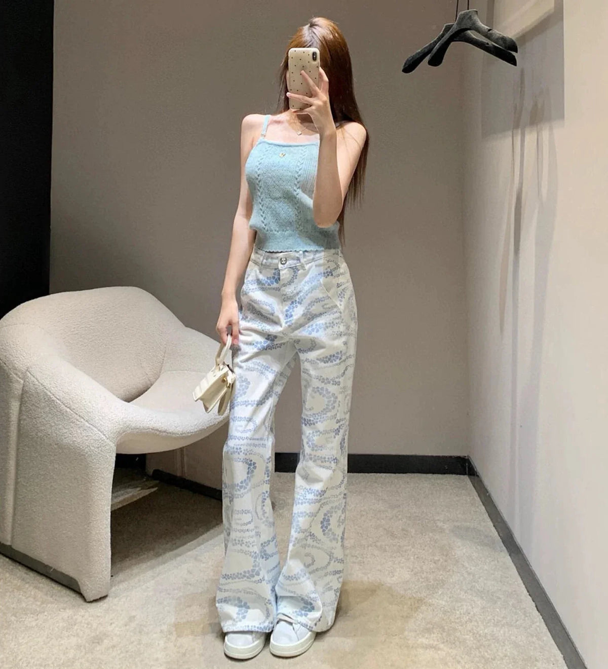 Womens Y2K White Printed High Waisted Jeans — vista posteriore