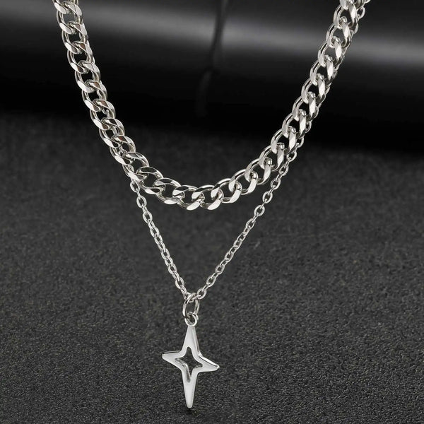 2 Piece Layered Star And Cuban Necklace Chain — vista frontale