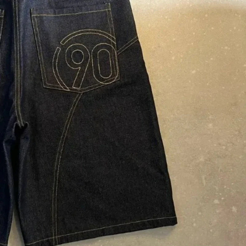 90s Embroidered Mens Black Wide Leg Denim Shorts Jorts — dettaglio della stampa