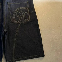 90s Embroidered Mens Black Wide Leg Denim Shorts Jorts — dettaglio della stampa
