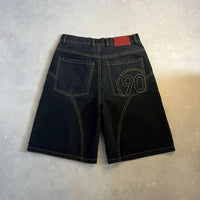 90s Embroidered Mens Black Wide Leg Denim Shorts Jorts — vista frontale