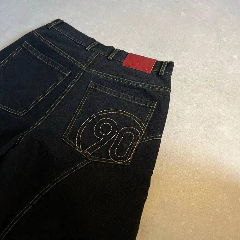 90s Embroidered Mens Black Wide Leg Denim Shorts Jorts — dettaglio