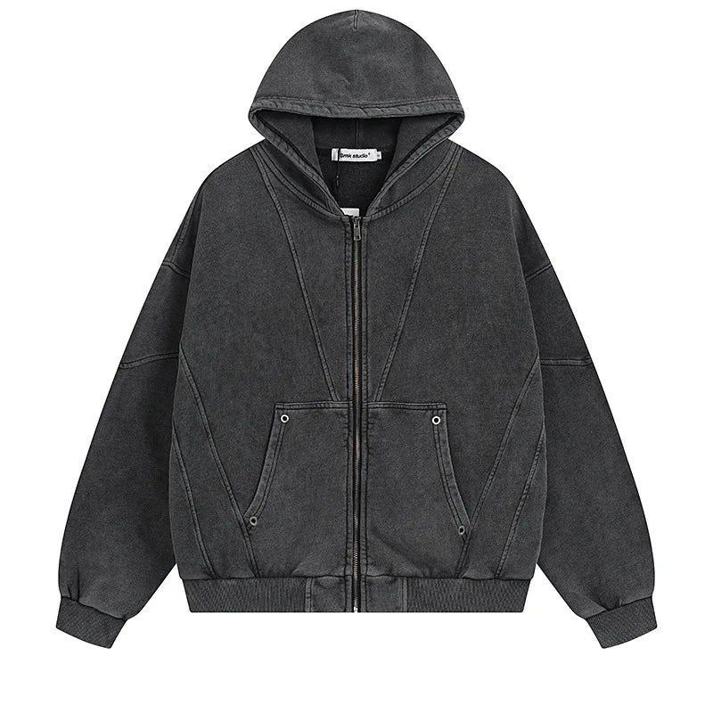 Acid Washed Panelled Plain Zip Up Hoodie — vista frontale