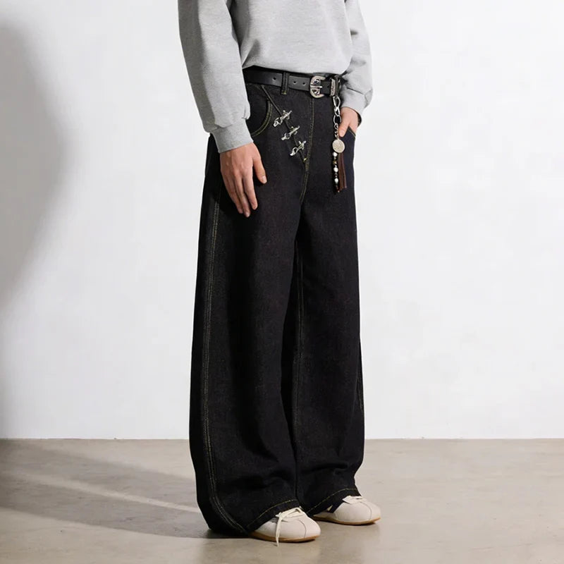 Airplane Button Design Black Baggy Barrel Jeans — vista posteriore
