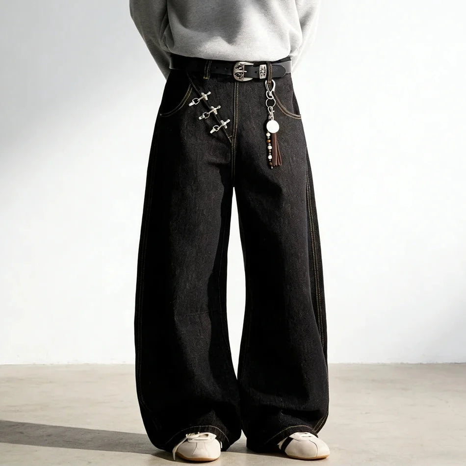 Airplane Button Design Black Baggy Barrel Jeans — vista laterale