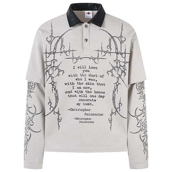 "All My Love" Graphic Mock Layered Long Sleeve Polo Shirt Top — vista frontale