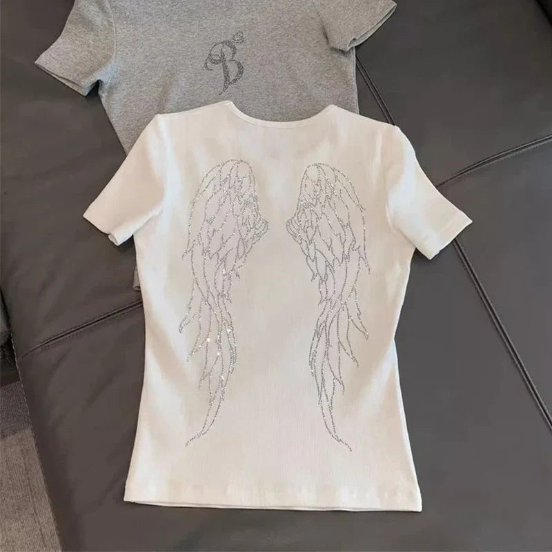 Angel Wings Rhinestone Graphic T Shirt — vista posteriore