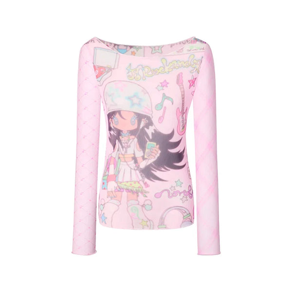 Anime Print Sheer Mesh Top — vista frontale